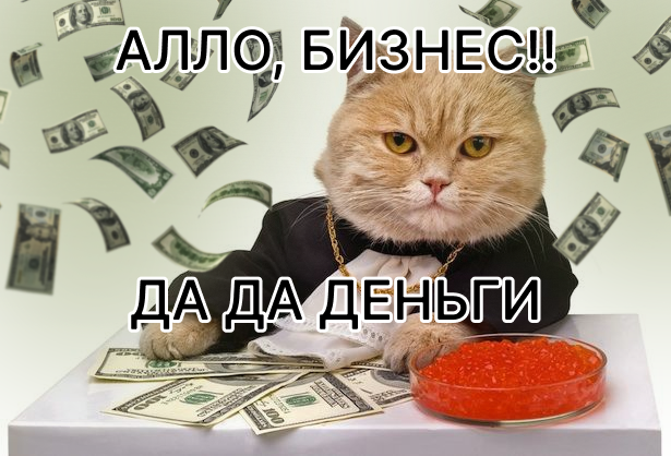 Мем: кот в костюме за столом с деньгами и икрой, подпись «АЛЛО, БИЗНЕС!! ДА ДА ДЕНЬГИ».