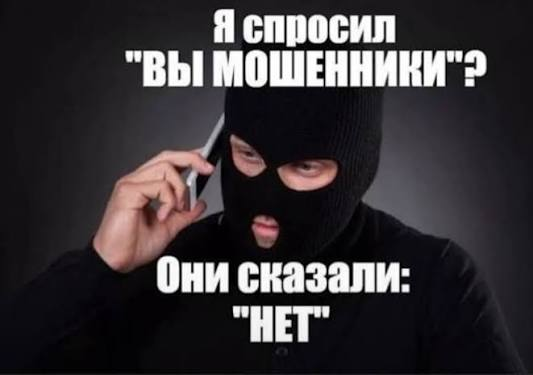 Мем: человек в балаклаве говорит по телефону, подпись «Я спросил: вы мошенники? Они сказали: нет».